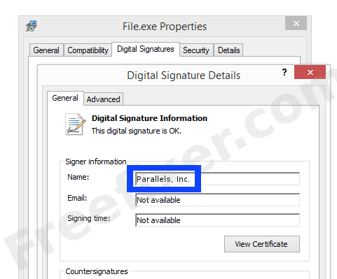 Screenshot of the Parallels, Inc. certificate